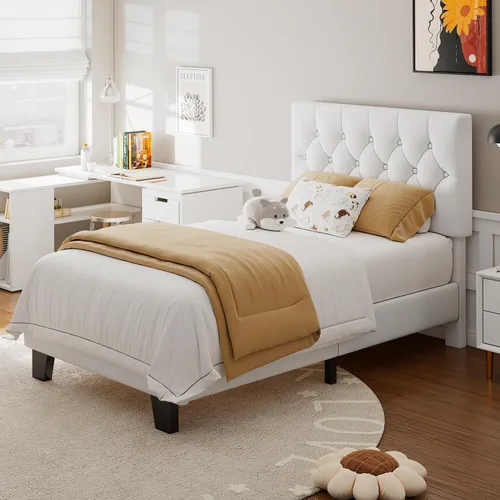 Vista 8 de Feonase Marco de cama de terciopelo tamaño twin con cabecera capitoné con botones, cama tapizada con soporte de listones de madera, no necesita