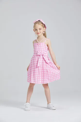 Vista 2 de Vestido a cuadros rosa para niñas, disfraces de cosplay con accesorios de 4 a 14 años