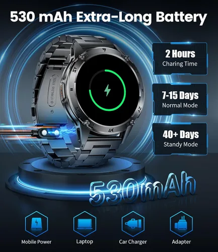 Vista 7 de SUNKTA Relojes inteligentes militares para hombres, batería grande de 530 mAh, monitor de frecuencia cardíaca AMOLED de 1.43 pulgadas, monitor