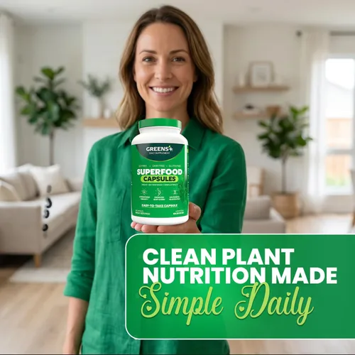 Vista 3 de Greens+ Superfood Organic Super Greens Cápsulas vegetales con clorela orgánica, espirulina, alfalfa y pasto de trigo, suplemento mezclado