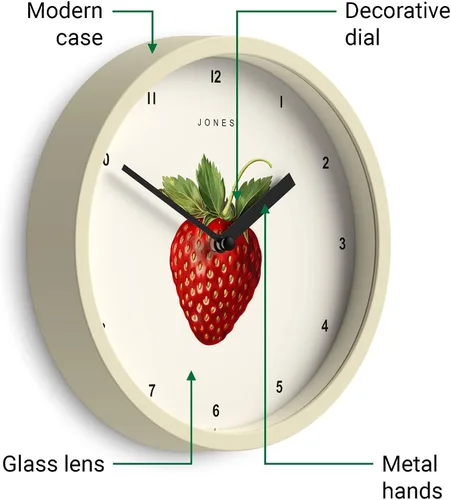 Vista 5 de JONES CLOCKS® Reloj de pared de frutas Reloj redondo pequeño 8 pulgadas Crema Arte botánico ilustrado de fresa Ideal para cocina y comedor.