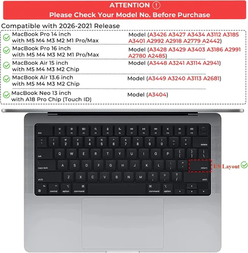 Vista 4 de EooCoo Funda de teclado para MacBook Neo, Pro 14/16, Air 13/15, color negro
