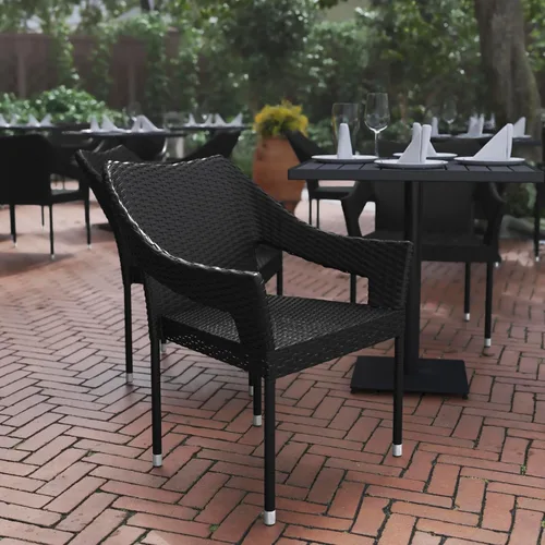 Vista 4 de BizChair Silla de patio de grado comercial, silla de comedor apilable de mimbre de ratán PE para todo tipo de clima, negro