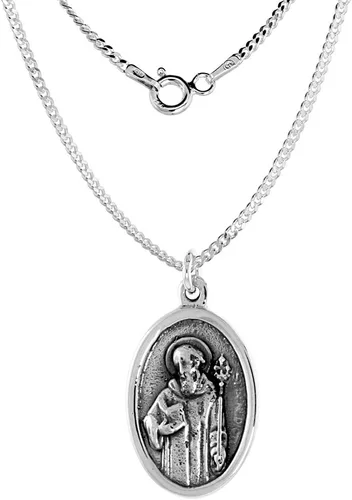 Vista 3 de Collar ovalado de plata de ley con medalla de San Benito de 1 pulgada, acabado oxidado, ovalado, disponible con o sin cadena