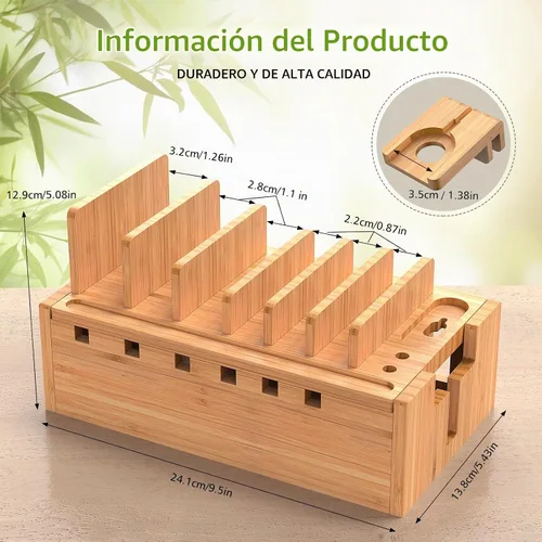 Vista 8 de Pezin & Hulin Estación de carga de bambú con 5 puertos USB y 5 cables #1 (con cargador)