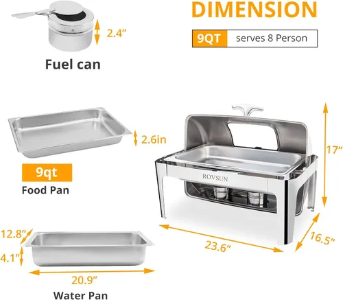 Vista 8 de ROVSUN Juego de 3 platos de bufé con tapa enrollable, 9 cuartos de galón de acero inoxidable NSF rectangular para catering, servidores de bufé