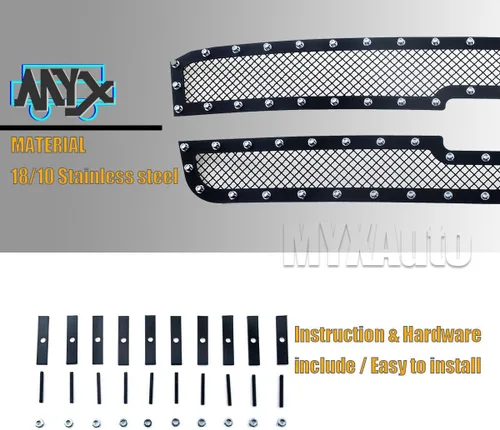 Vista 6 de Rejilla de remache frontal de acero inoxidable negra compatible con Chevy Avalanche 1500/2500 03-05 Silverado1500/1500HD/SS/2003-2004 Chevy