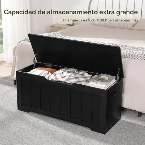 Vista 4 de VANKILEY Baúl de almacenamiento extragrande de 43.3 pulgadas, baúl de almacenamiento con 2 bisagras de seguridad, banco de almacenamiento de madera