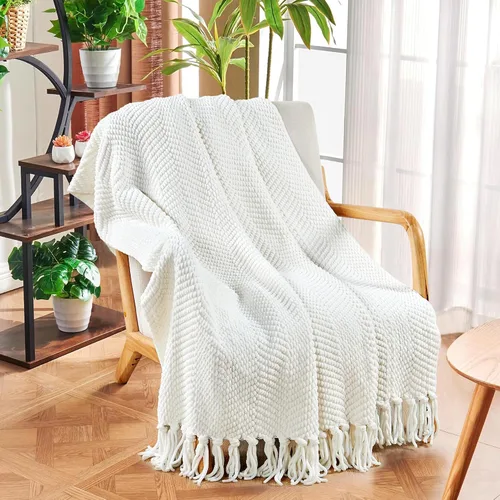 Vista 7 de Manta de punto suave con textura para sofá, manta de tweed crema con borlas de flecos para decoración del hogar, cama, sofá, silla, 50 x 60 Blanco