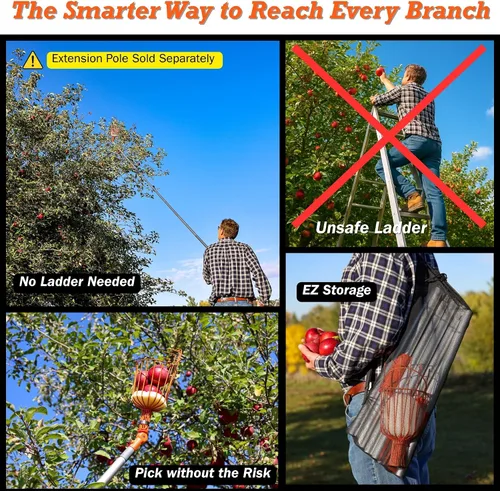 Vista 3 de EZ SMART Recolector de frutas de 21 pies con poste rígido ligero - Diseño plegable compacto patentado con cabeza giratoria - Paquete combinado 2
