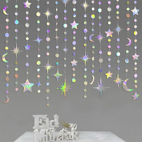 Vista 3 de Kit de guirnalda de estrellas iridiscentes, luna circular y puntos para decoración de fiesta, colgante de media luna y guirnalda de estrellas