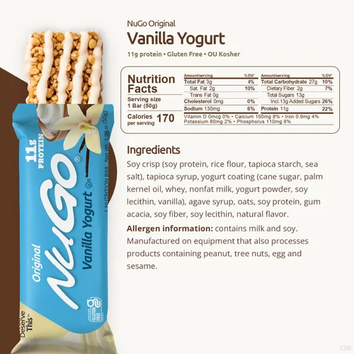Vista 2 de NuGo Original, yogur de vainilla, barra de proteínas de 0.39 oz, sin gluten, 15