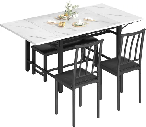 Vista 9 de AWQM Mesa de comedor de 4 piezas de mármol sintético con estante de almacenamiento, juego de mesa de rincón de desayuno que ahorra espacio con 2