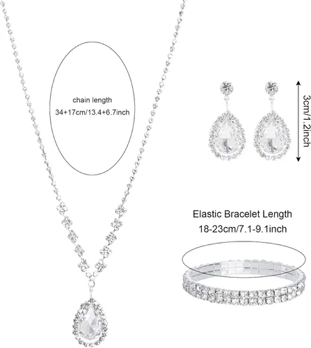Vista 2 de Jmkcoz Women Jewelry Set Silver Necklace Earrings Bracelet Rhinestone Crystal Bridal Wedding Jewelry Sets for Brides Bridesmaid Wedding Party
