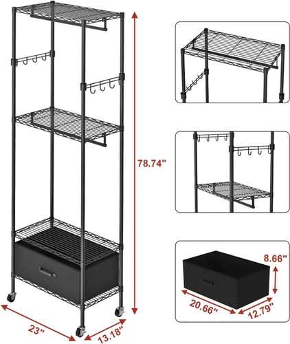 Vista 2 de VyGrow Perchero de Ropa, Perchero de Ropa para Colgar Ropa, Sistema Organizador de Armario Ajustable de 4 Niveles con Cajón Varillas Dobles