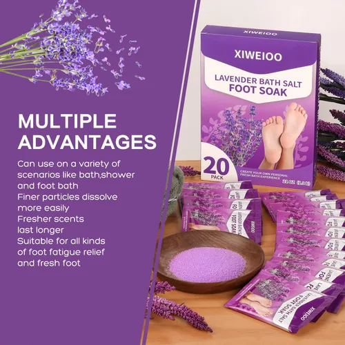 Vista 5 de Sales de remojo de pies con sal de Epsom para remojar lavanda kit de pedicura para baño de pies, paquete de 20 sales marinas de baño, pedicura