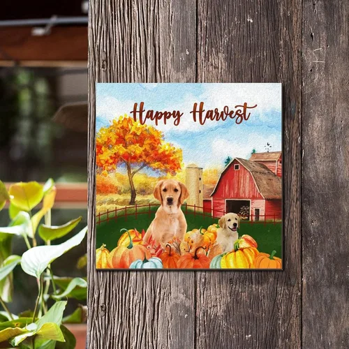 Vista 3 de Happy Harvest Frenchton Dog Barn Wood Sign Retro Fall Sweet Fall Wall Plaque Pumpkin Patch Wood Panels Home Wall Decoration for Home Kitchen Living