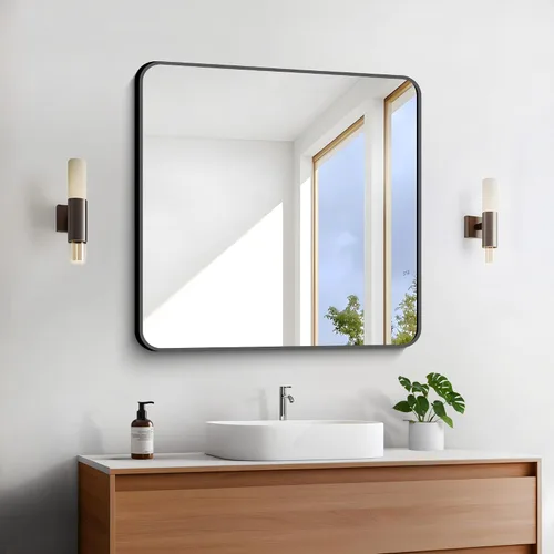 Vista 39 de FORBATH - Espejo de baño negro para sobre lavabo, espejo de pared de 16x24 pulgadas con marco de metal, esquinas redondeadas para baño, dormitorio
