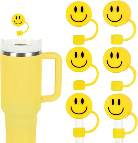 Vista 9 de Whaline 6 fundas de paja negras con diseño de sonrisa de 0.4 pulgadas, de silicona, reutilizables, redondos, con patrón de doble cara, para vasos