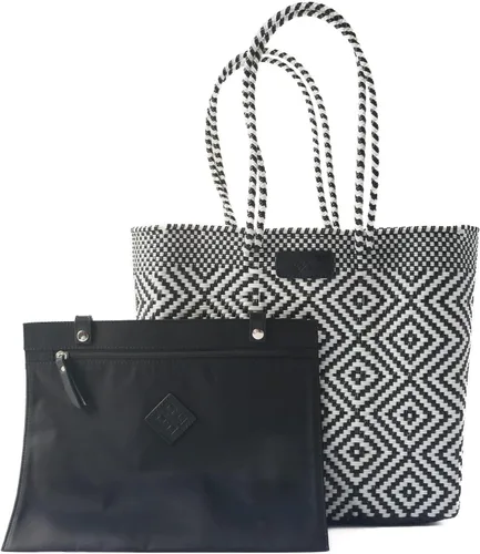 Vista 3 de Greca Bolso de mano tejido, bolso de playa blanco y negro, bolso de plástico reciclado ecológico, resistente al agua, hecho a mano por artesanos
