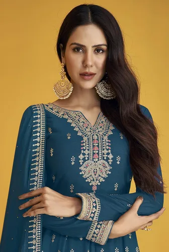 Vista 4 de Georgette - Vestido de fiesta bordado para mujer con Dupatta