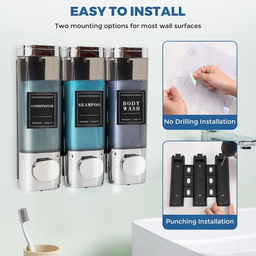 Vista 5 de Dispensador de champú y acondicionador, dispensador de jabón de ducha de 3 cámaras, dispensador de jabón de ducha de 3 cámaras, montaje en pared