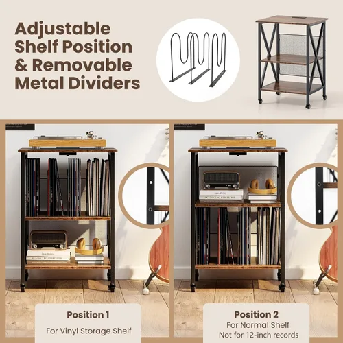 Vista 5 de Giantex Soporte para tocadiscos con estación de carga, soporte para tocadiscos con almacenamiento de discos y 4 ruedas rodantes, mesa