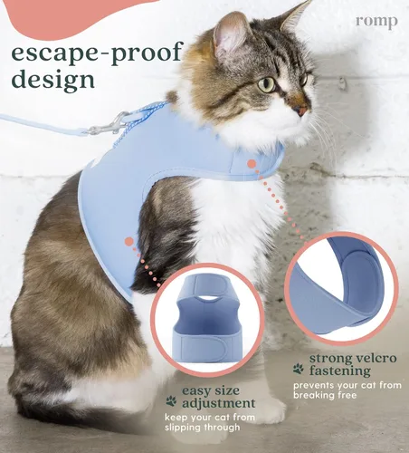 Vista 2 de Juego de arnés para gatos, collar y correa – Chaleco de arnés de velcro ajustable sin estrangulamiento para gatos y gatitos (algodón azul, S)