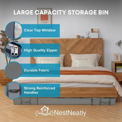 Vista 5 de NeatNestly SmartCube Bolsas de Almacenamiento Bajo la Cama - Paquete de 3 Contenedores Grandes Grises de 39" x 18" x 6" con Asas Reforzadas