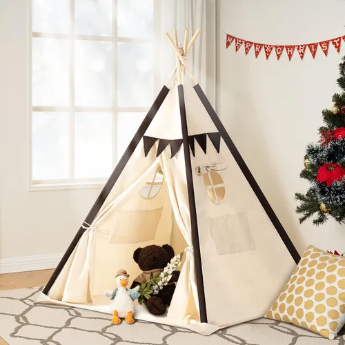 Vista 6 de Lavievert Tienda de campaña de lona natural para niños, tienda de campaña portátil para niños pequeños con tapete inferior para niños y niñas