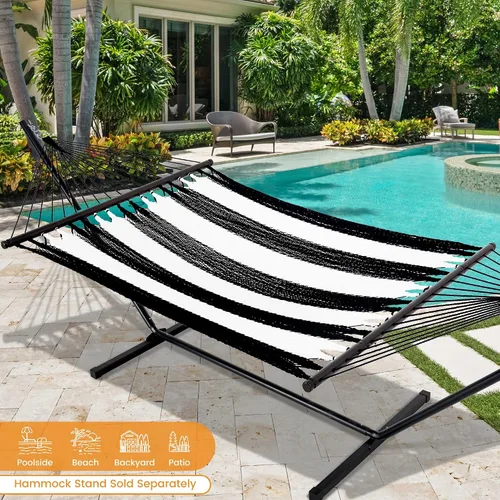 Vista 2 de Lazy Daze Hammocks Hamaca doble de cuerda caribeña de 10.5 pies para 2 personas, hamaca de poliéster tejida a mano con barras separadoras