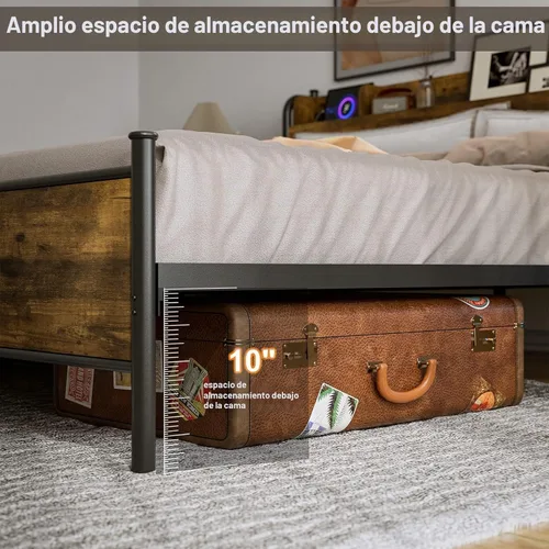 Vista 7 de IKIFLY Base de cama tamaño King con cabecera de estante de almacenamiento y Marrón rústico
