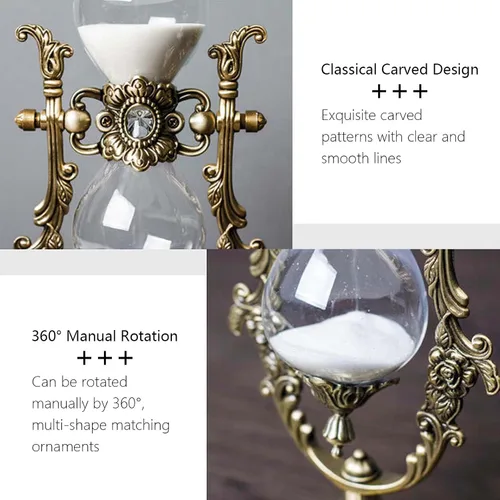 Vista 4 de Reloj de arena decorativo con reloj de arena, 11.8 pulgadas de alto, reloj de arena blanca de metal giratorio de 360° de 30 minutos, decoración