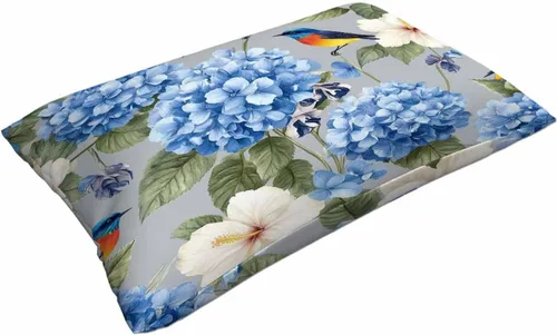 Vista 3 de Mugod Fundas de almohada decorativas para el hogar, diseño de flores de hibisco en acuarela azul, iris y pájaro, funda de cojín rectangular oblonga