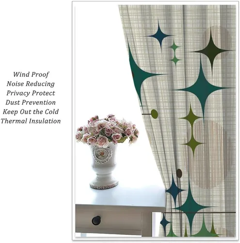 Vista 6 de Cortina de Ventana de Mediados de Siglo con Explosiones de Estrellas, Cortinas con Estampado de Inspiración Atómica para Sala de Estar Dormitorio