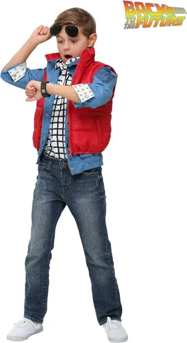 Vista 2 de Disfraz de Halloween de Marty McFly de Regreso al futuro para niños, juego de chaleco acolchado, camisa y chaqueta de mezclilla rojo, con licencia