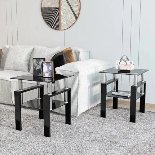 Vista 4 de ODUSE-DAILY Juego de 2 mesas auxiliares de cristal negro, mesa auxiliar pequeña, juego de 2 mesitas de noche templadas, para sala de estar y Todo