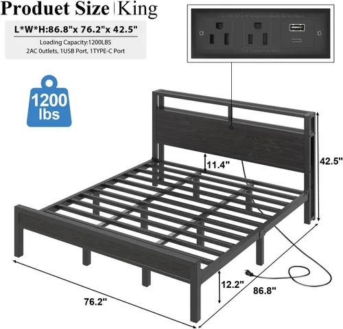 Vista 35 de LOEWAY Base de cama tamaño Queen con cabecero de almacenamiento y luces LED, color gris