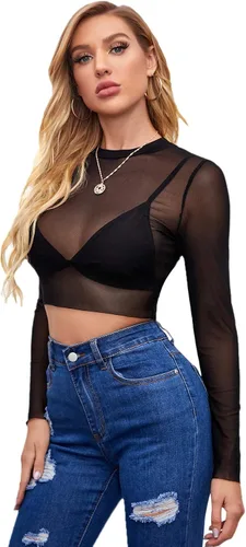 Vista 4 de Verdusa Camiseta básica de manga larga para mujer, de malla transparente