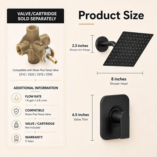 Vista 6 de Compatible con Moen Posi-Temp - Kit de moldura de ducha de válvula de repuesto para 2510, 2520, 2570, 2590 con cabezal de ducha de 8 pulgadas, negro