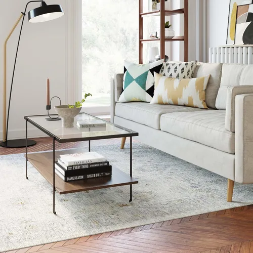 Vista 6 de Nathan James Asher Mid-Century - Mesa de centro rectangular con parte superior de cristal y estante de almacenamiento con acabado de madera con Negro