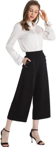 Vista 5 de Ginasy Pantalones negros de pierna ancha para mujer, pantalones de vestir casuales de negocios, pantalones de vestir elásticos de cintura alta