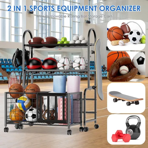Vista 3 de Almacenamiento de pelotas de garaje, organizador de equipo deportivo 2 en 1, organizador de garaje con cesta y ganchos, carrito organizador