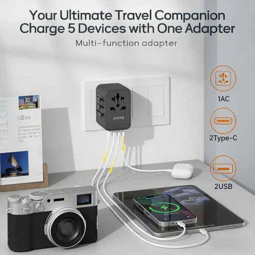 Vista 3 de Adaptador de viaje universal GaN de 45 W Adaptador de corriente internacional de 5 puertos con 2 USB-C PD 3.0, 2 USB-A QC 3.0 y salida de CA