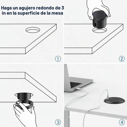 Vista 7 de Ojal de alimentación de escritorio, estación de carga rápida USB C de 65 W, 2 salidas de CA, 4 puertos USB en la parte superior de tu escritorio
