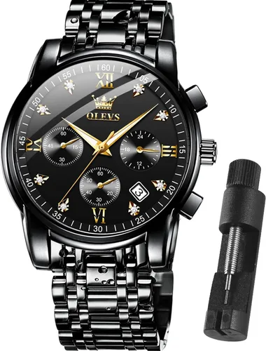 Vista 10 de OLEVS Relojes para hombre impermeables de acero inoxidable con pulsera ajustable, reloj analógico de cuarzo para hombre, moda de negocios, clásico
