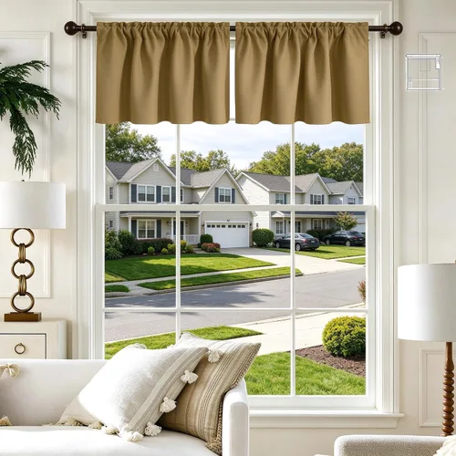 Vista 35 de Cenefa Beige Oscurecedora para Ventana, Cortina Corta con Bolsillo para Barra, Cenefa Primitiva para Sala de Estar, Baño, Guardería, Cocina, Ventana