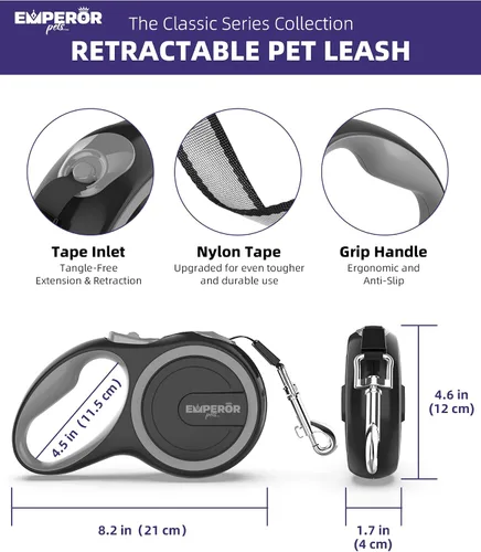 Vista 3 de Emperor Pets Correa retráctil para perro con correa de mano o muñeca, agarre suelto para tus manos, mejor control con mayor comodidad, color negro