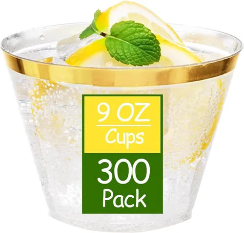 Vista 10 de Ciaell 120 vasos de plástico dorados, vasos de plástico transparente resistentes de 10 onzas con borde dorado, vasos desechables con borde dorado