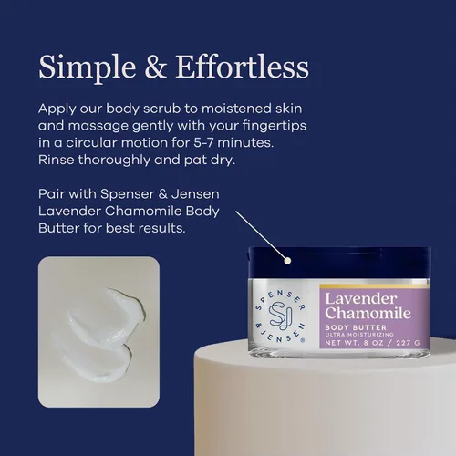Vista 5 de Spenser & Jensen Exfoliante de azúcar de lavanda y manzanilla, exfoliante corporal hidratante y renovador para una piel suave, tersa y sedosa